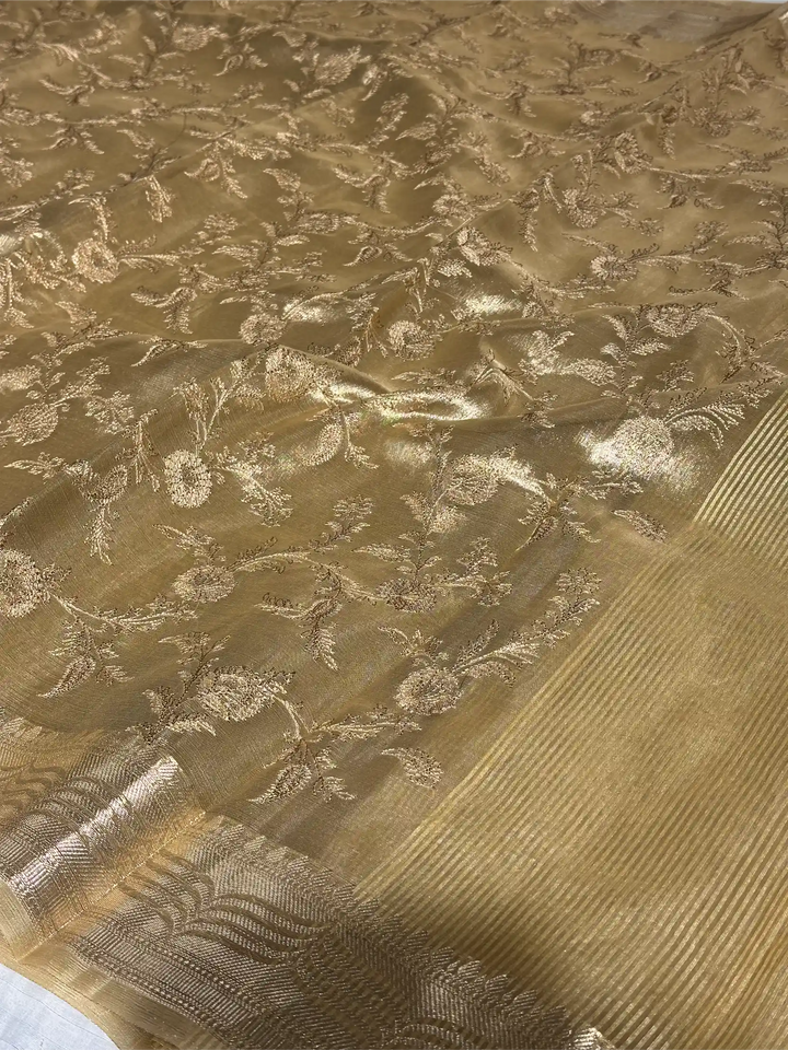 Light Tussar Gold Tissue Silk Chikankari Embroidery Work Banarasi Saree