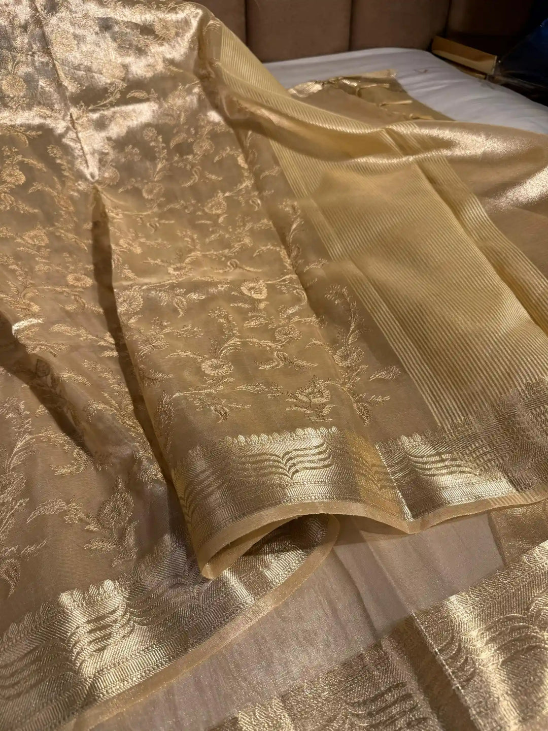 Light Tussar Gold Tissue Silk Chikankari Embroidery Work Banarasi Saree