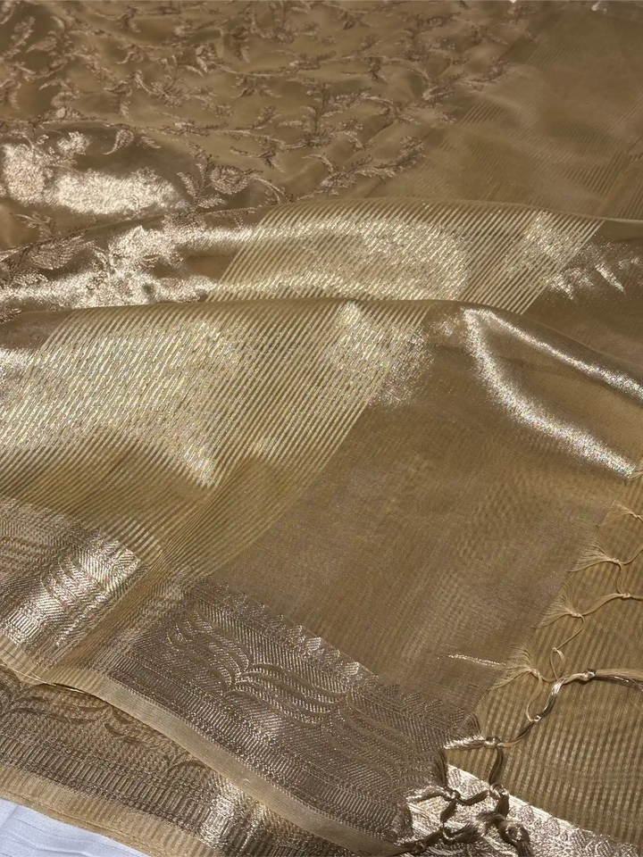 Light Tussar Gold Tissue Silk Chikankari Embroidery Work Banarasi Saree