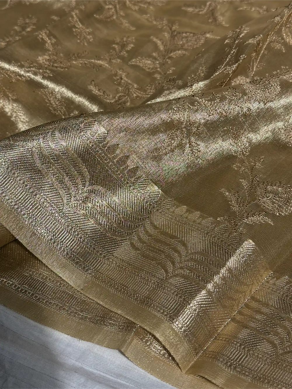 Light Tussar Gold Tissue Silk Chikankari Embroidery Work Banarasi Saree