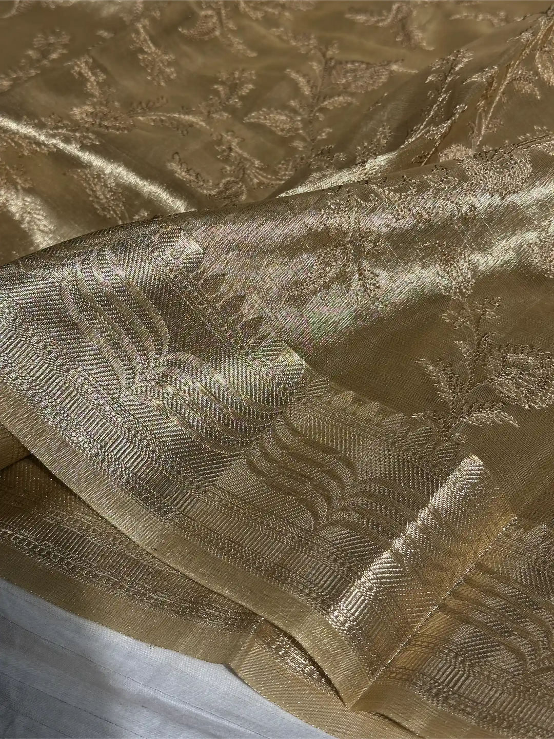 Light Tussar Gold Tissue Silk Chikankari Embroidery Work Banarasi Saree