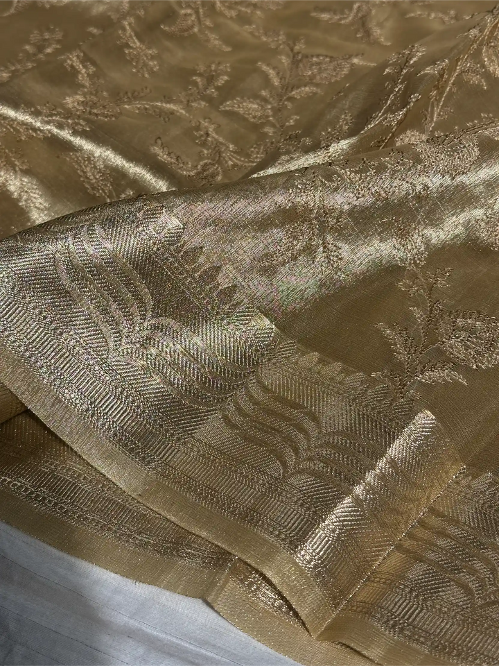 Light Tussar Gold Tissue Silk Chikankari Embroidery Work Banarasi Saree
