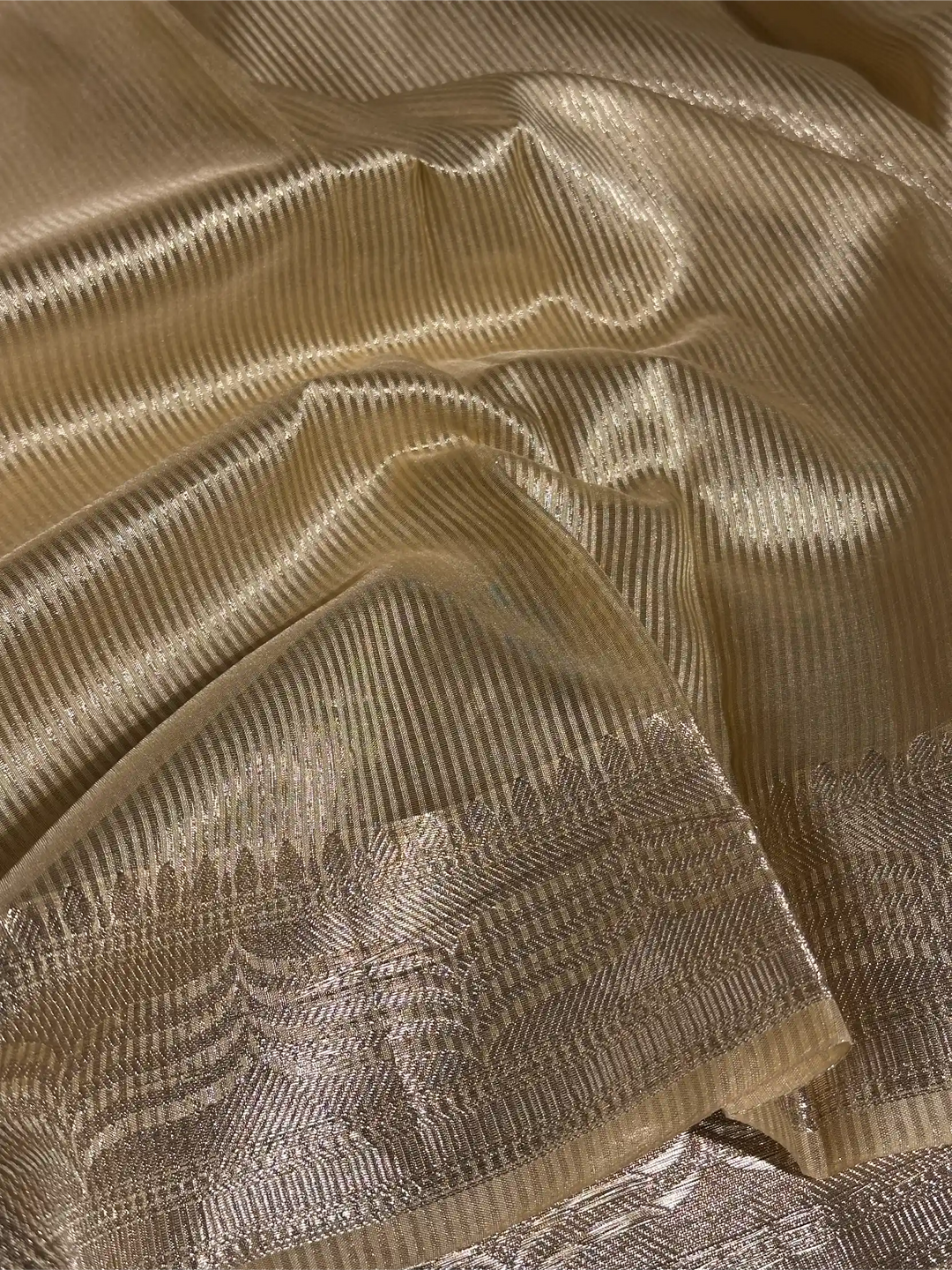 Light Tussar Gold Tissue Silk Chikankari Embroidery Work Banarasi Saree