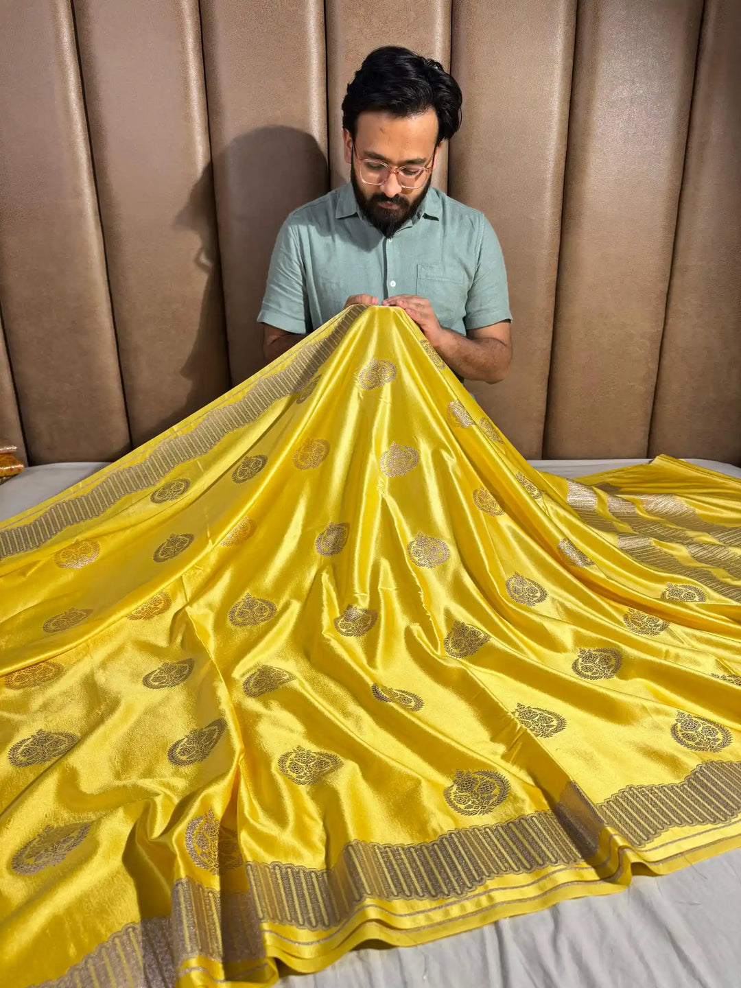 Light Yellow Banarasi Mashru Katan Silk Saree with Rich Pallu and Blouse