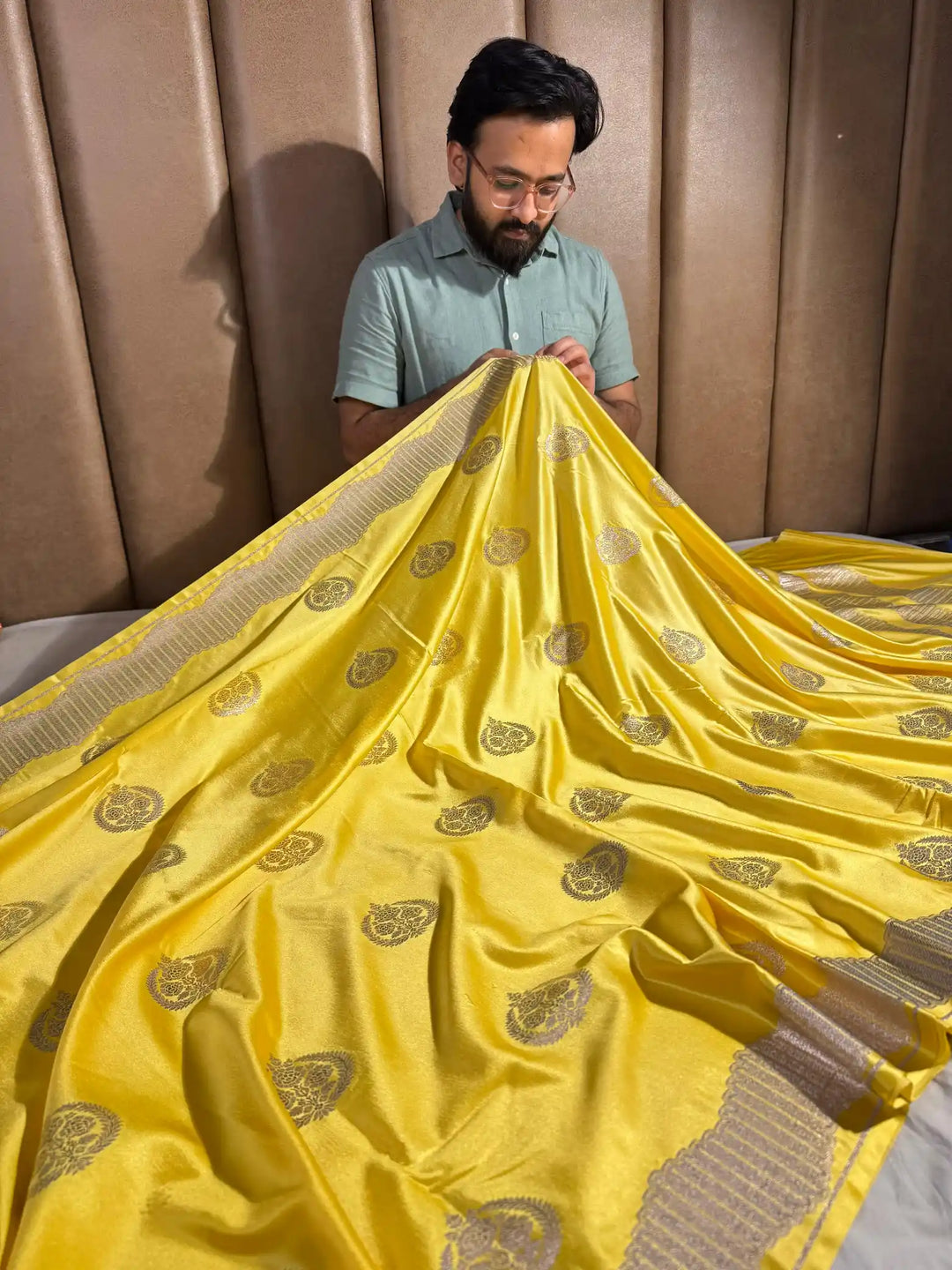 Light Yellow Banarasi Mashru Katan Silk Saree with Rich Pallu and Blouse