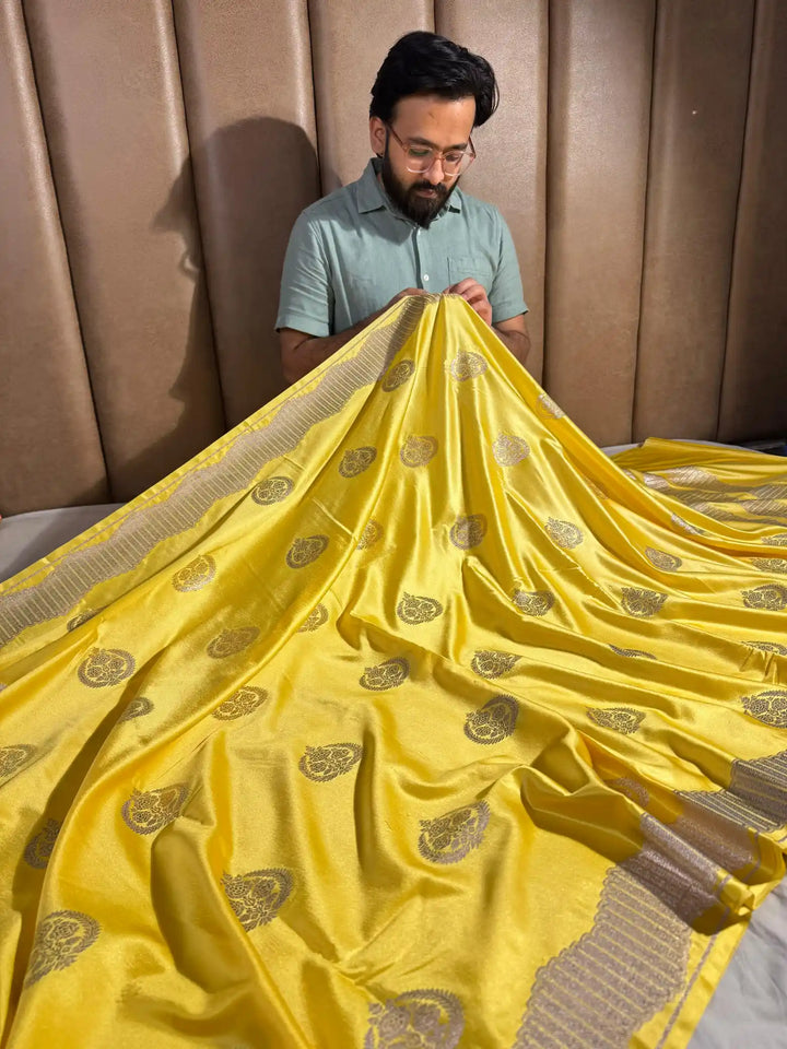 Light Yellow Banarasi Mashru Katan Silk Saree with Rich Pallu and Blouse