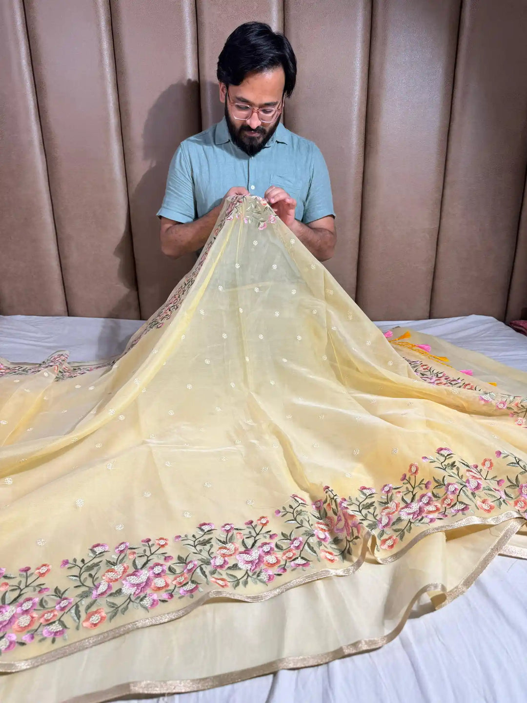 Light Yellow Banarasi organza silk with NoorTaar technique border and pallu work with premium tassels