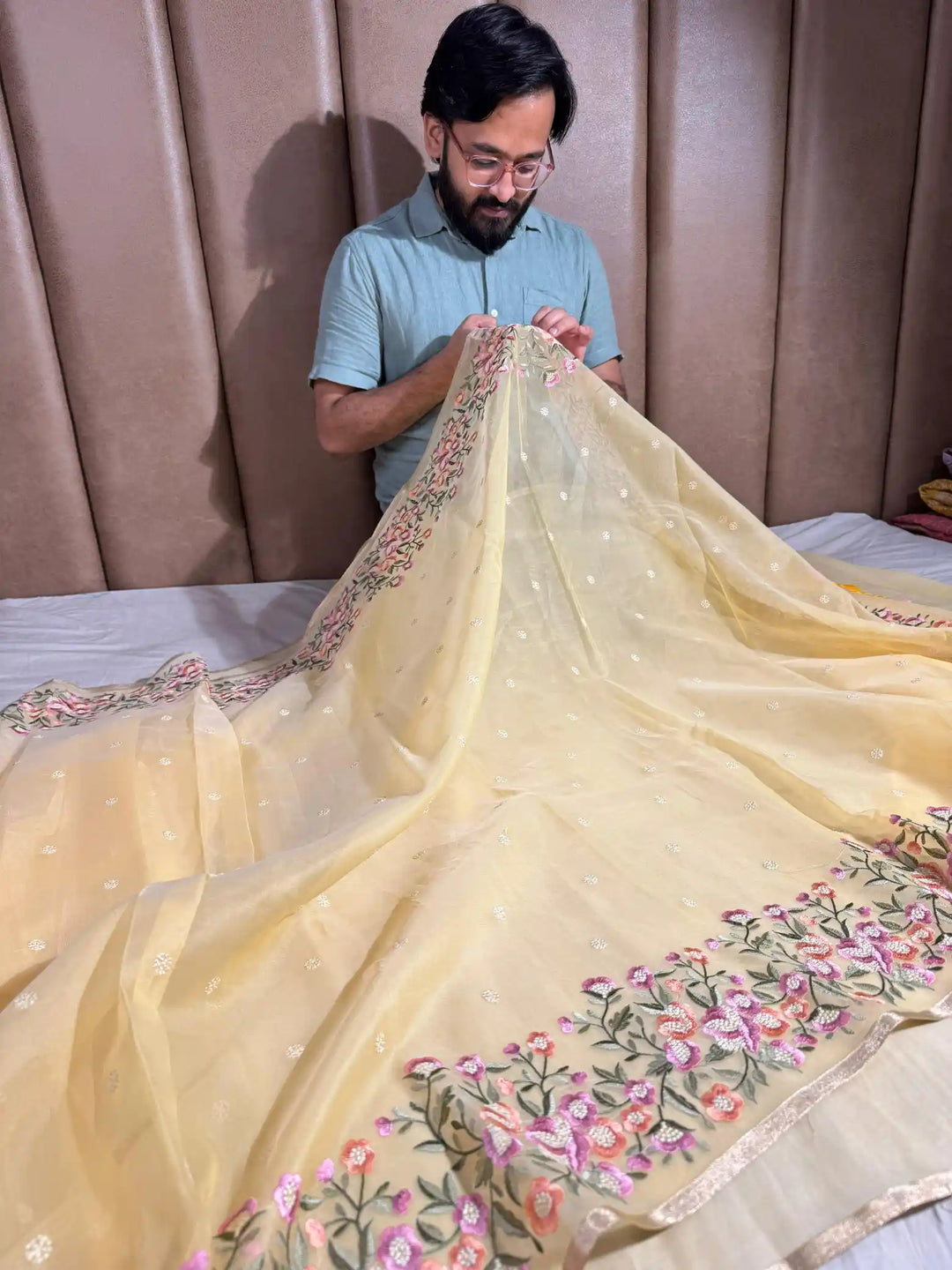 Light Yellow Banarasi organza silk with NoorTaar technique border and pallu work with premium tassels