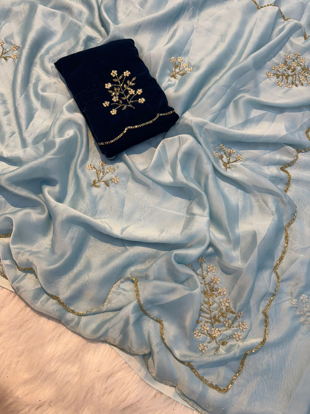 Soft Crepe Silk Cutdana Moti and Zardosi Work Saree