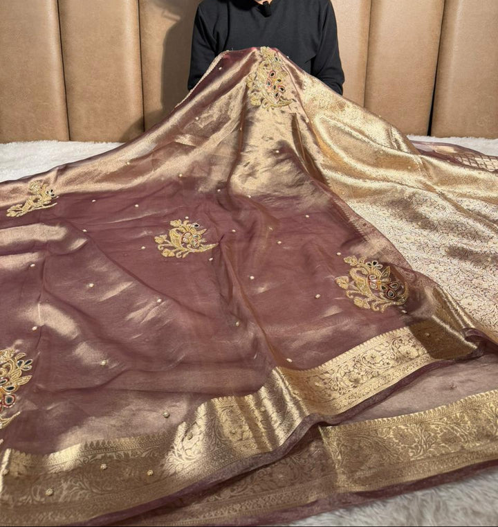 Light Brown Pure Tissue Premium Handwork Saree