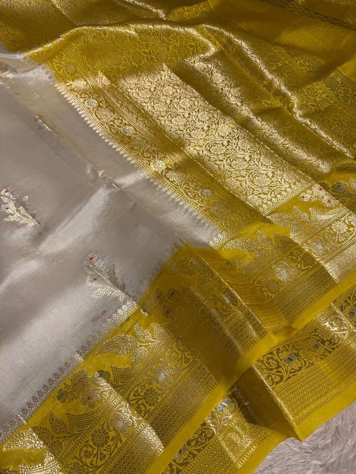 Light Cream Pure Mango Katan Silk Meenakari Buta Banarasi Saree