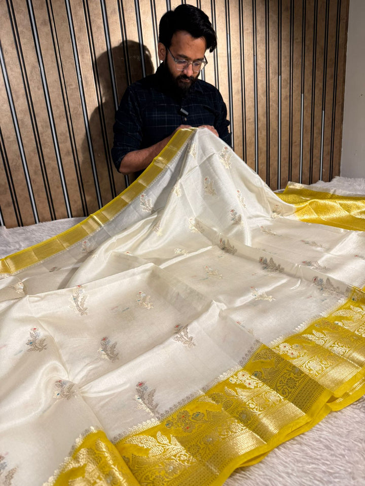Light Cream Pure Mango Katan Silk Meenakari Buta Banarasi Saree