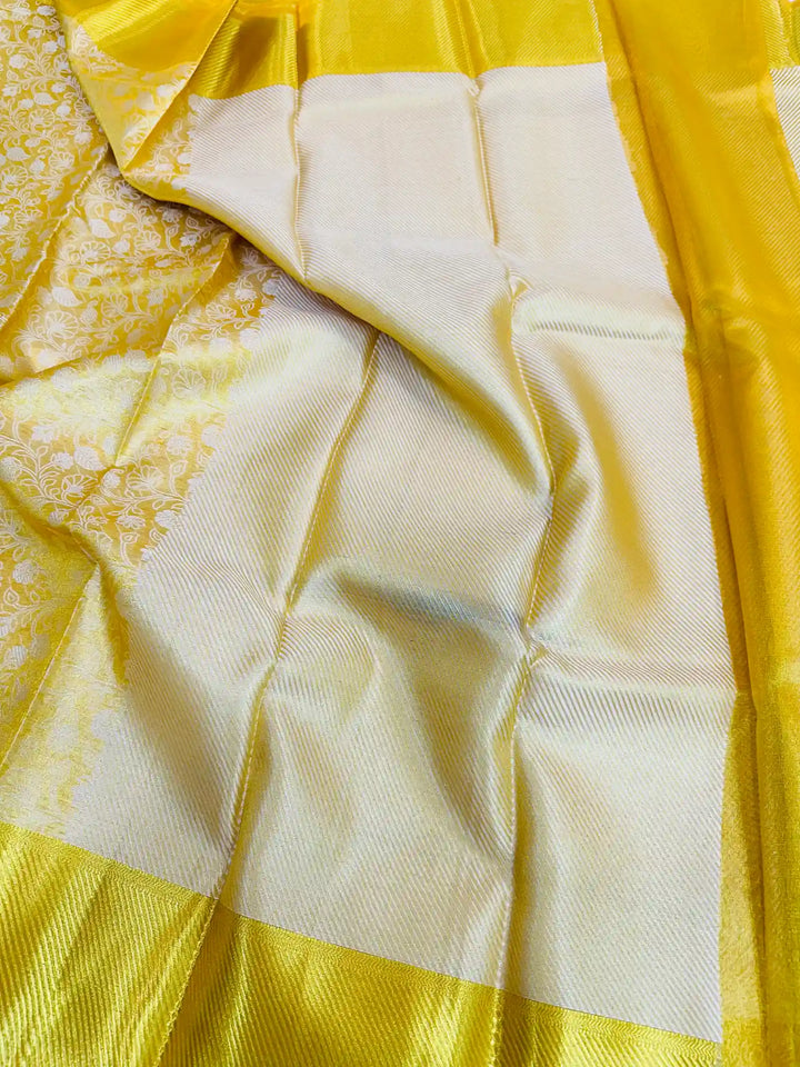 Light Golden Kanjeevaram Tissue Silk Resham Embossed Floral Banarasi Saree