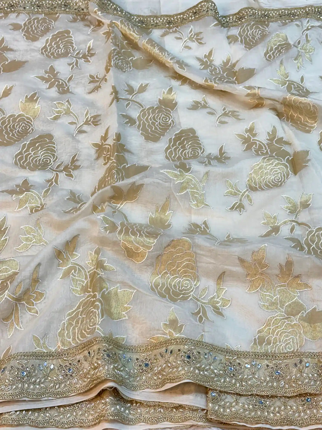 Light Ivory Pure Mul Chanderi Silk Hand Pasted Cutwork Zari Buta Saree