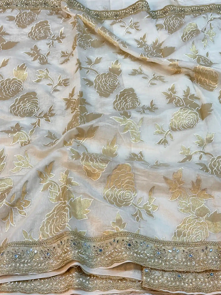 Light Ivory Pure Mul Chanderi Silk Hand Pasted Cutwork Zari Buta Saree
