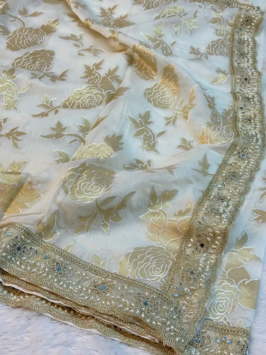 Light Ivory Pure Mul Chanderi Silk Hand Pasted Cutwork Zari Buta Saree