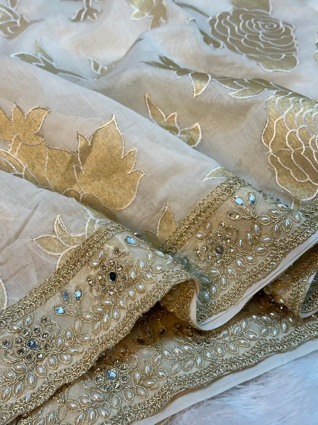 Light Ivory Pure Mul Chanderi Silk Hand Pasted Cutwork Zari Buta Saree