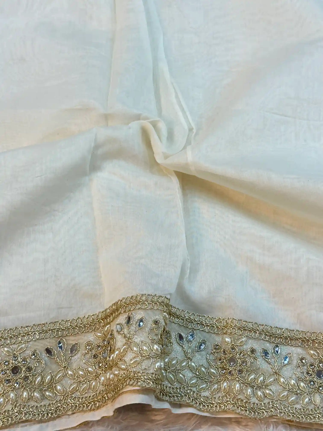 Light Ivory Pure Mul Chanderi Silk Hand Pasted Cutwork Zari Buta Saree