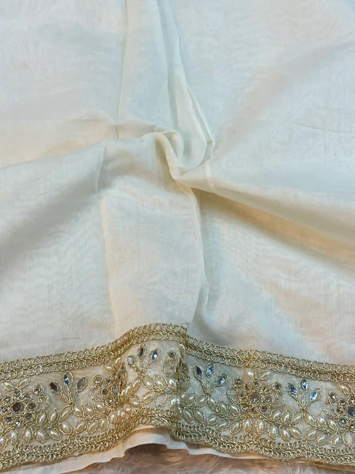 Light Ivory Pure Mul Chanderi Silk Hand Pasted Cutwork Zari Buta Saree