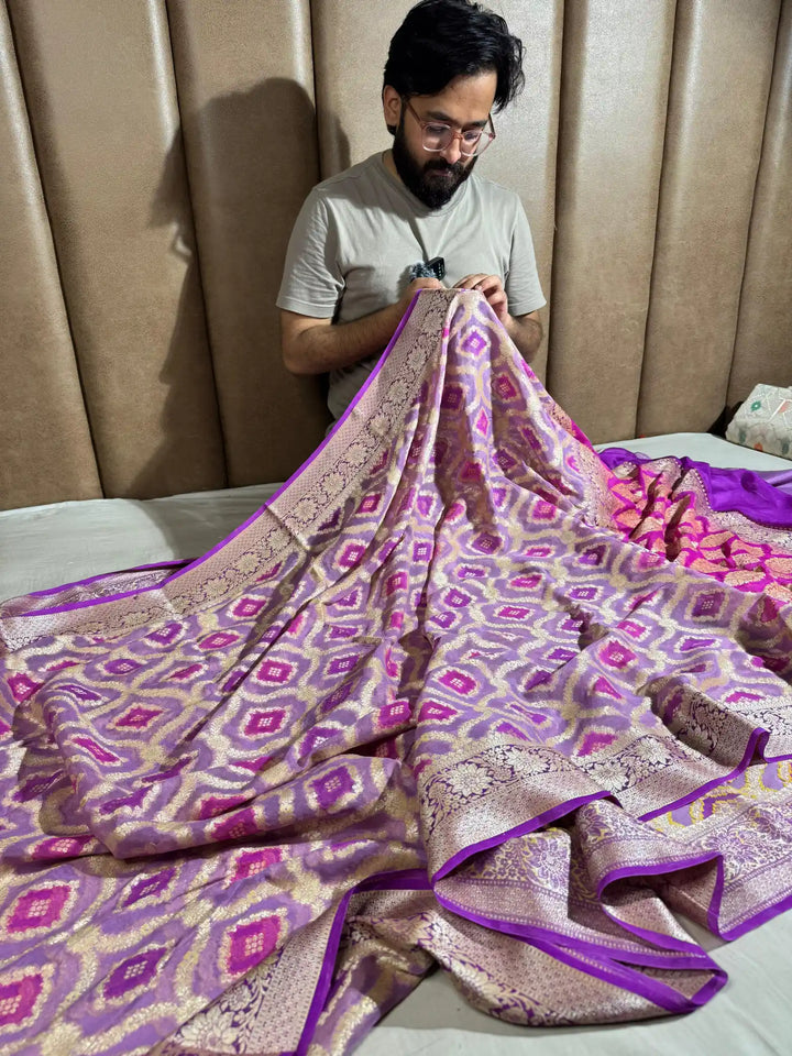 Light Lavender Hand Brush Dyed Chiffon Khaddi Banarasi Saree
