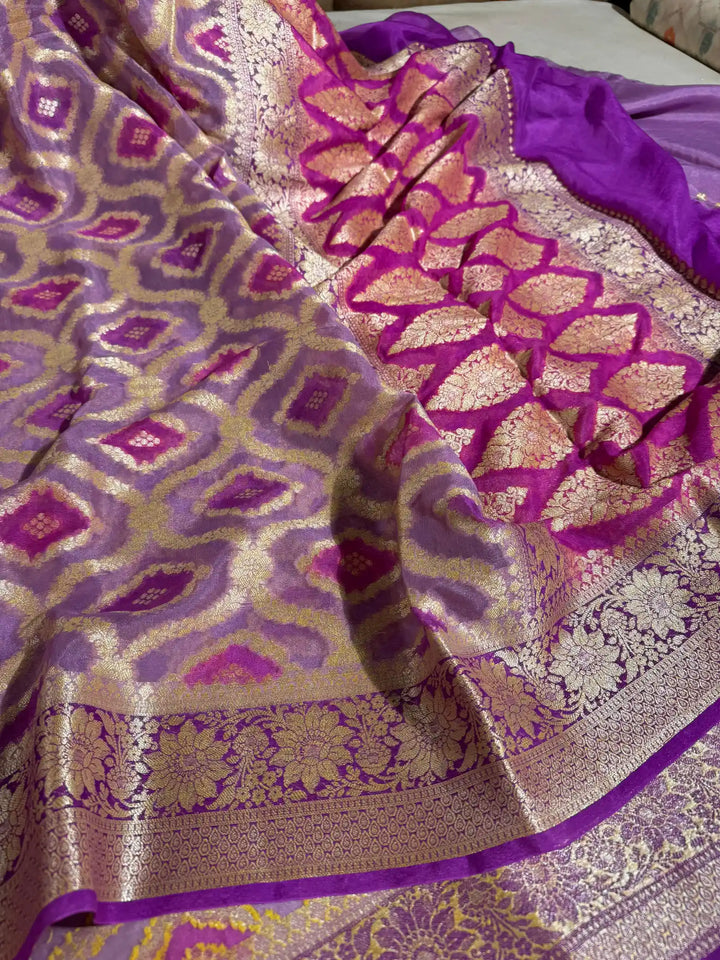 Light Lavender Hand Brush Dyed Chiffon Khaddi Banarasi Saree