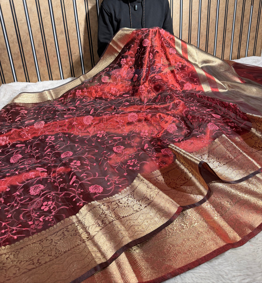 Light Maroon Soft Tissue Chikankari Embroided Banarasi Saree
