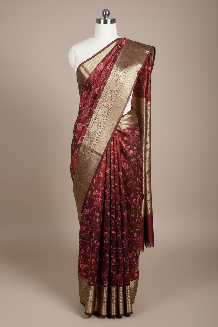 Light Maroon Soft Tissue Chikankari Embroided Banarasi Saree