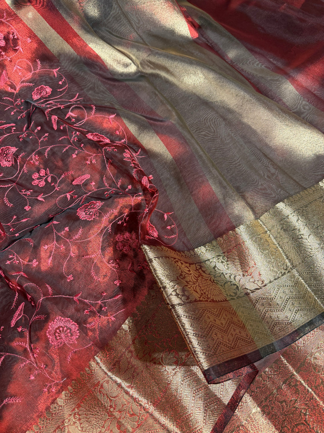 Light Maroon Soft Tissue Chikankari Embroided Banarasi Saree