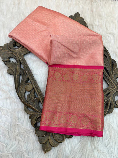 Light Peach Kanchi Kora Silk Embossed Banarasi Saree
