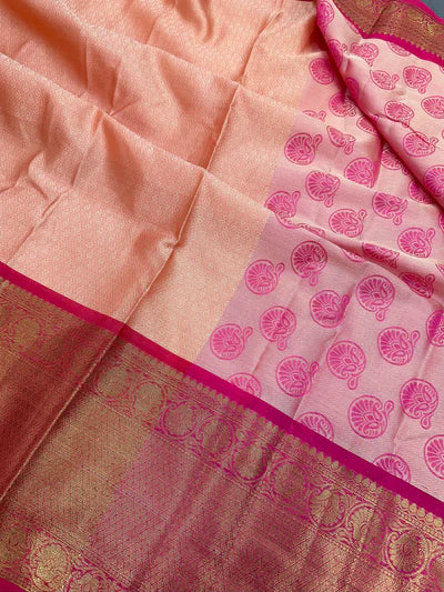 Light Peach Kanchi Kora Silk Embossed Banarasi Saree