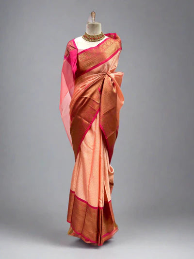 Light Peach Kanchi Kora Silk Embossed Banarasi Saree