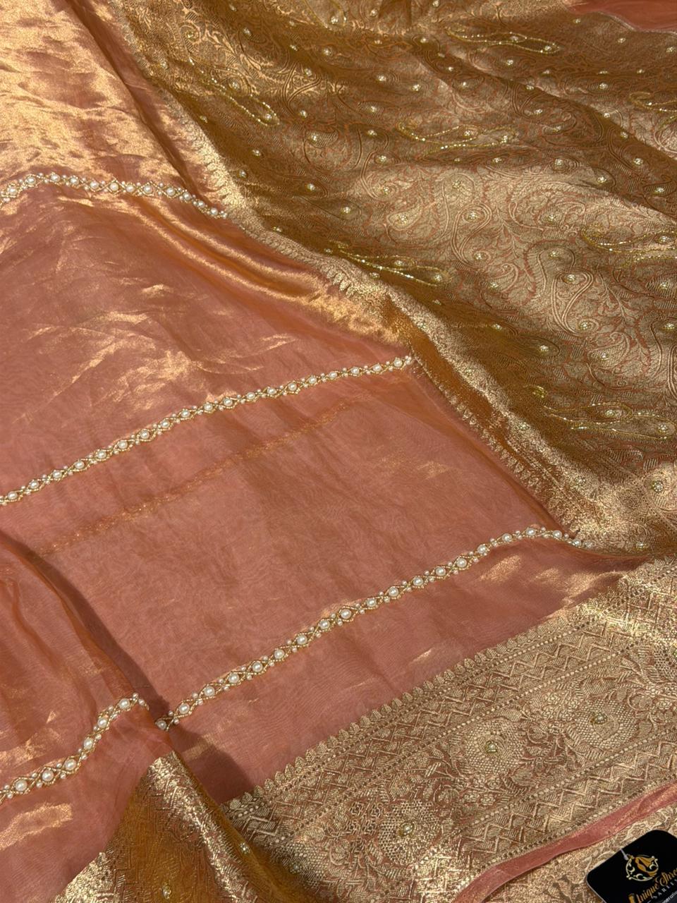 Light Peach Pure Tissue Silk Moti Handwork Saree