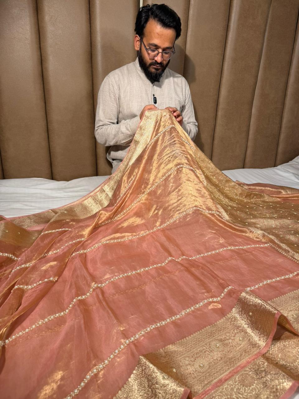 Light Peach Pure Tissue Silk Moti Handwork Saree