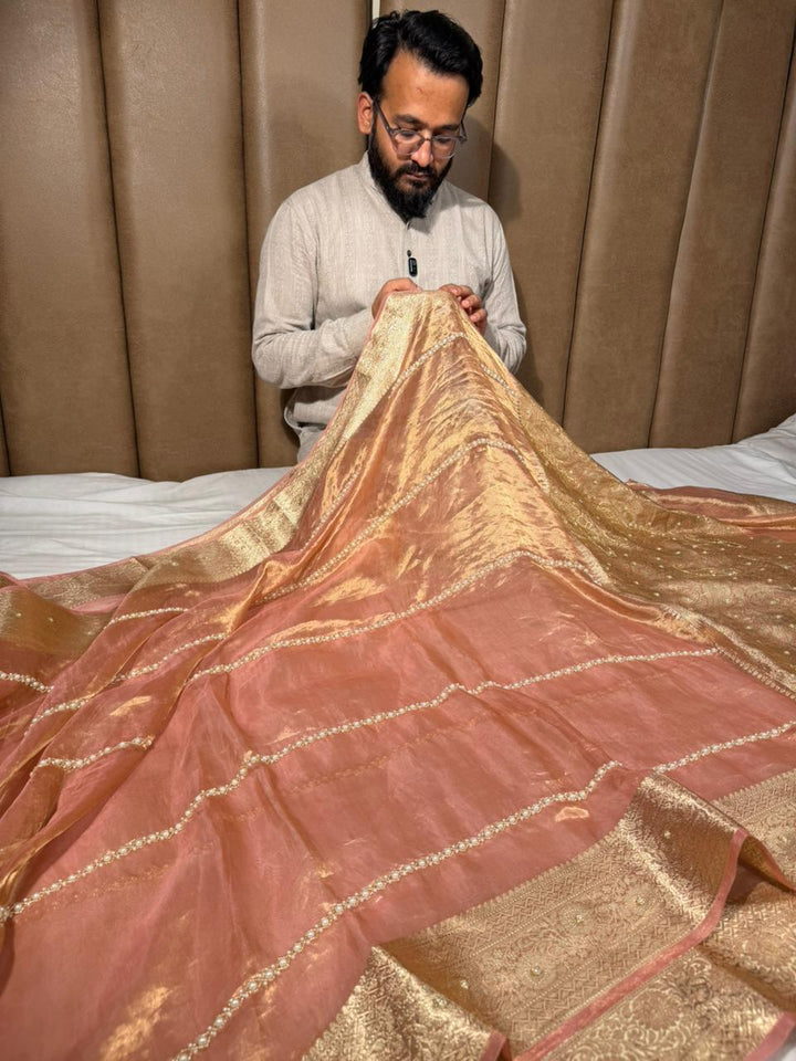 Light Peach Pure Tissue Silk Moti Handwork Saree