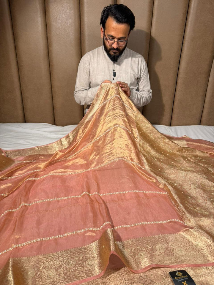 Light Peach Pure Tissue Silk Moti Handwork Saree