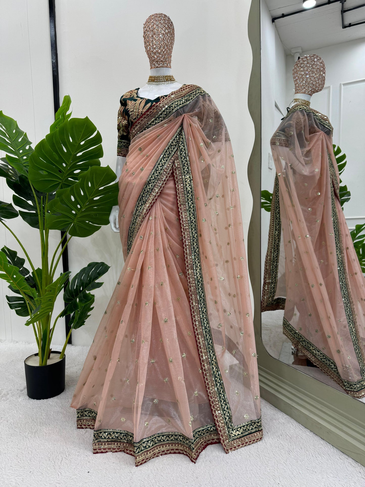 Light Peach Shimmery Tissue Silk Designer Saree