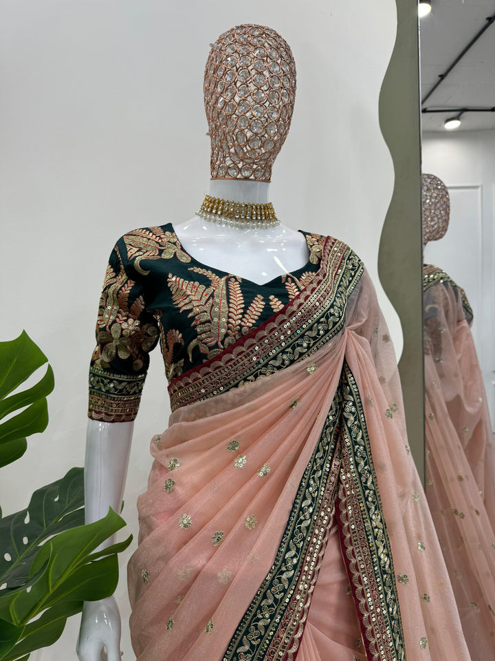 Light Peach Shimmery Tissue Silk Designer Saree