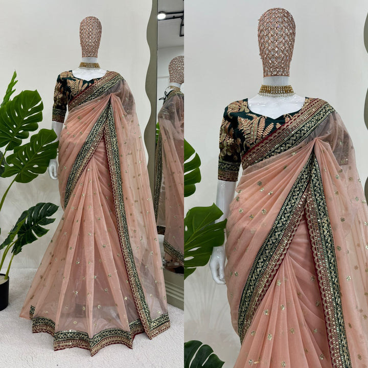 Light Peach Shimmery Tissue Silk Designer Saree