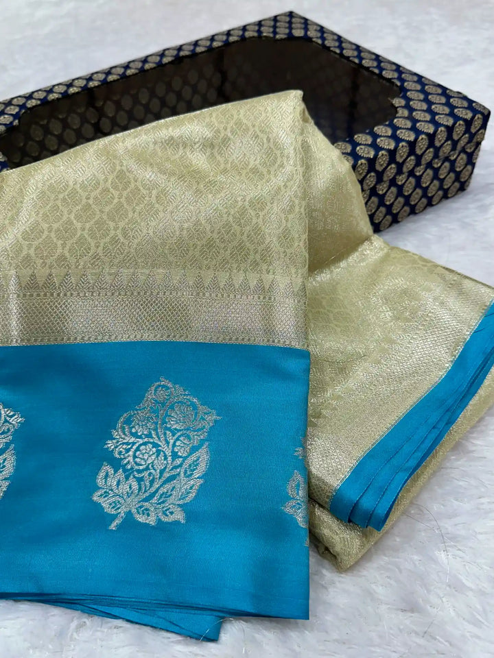 Light cream embossed tissue silk Banarasi saree