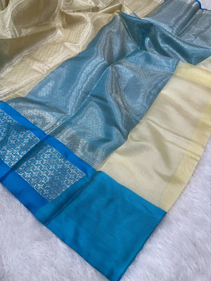 Light cream embossed tissue silk Banarasi saree