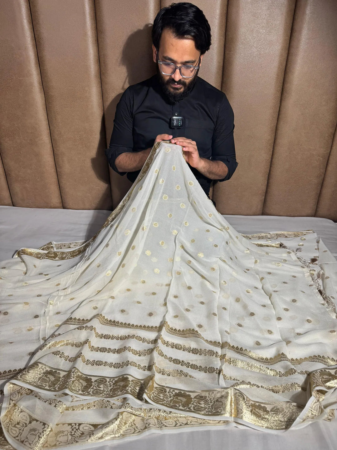 Light cream viscose Georgette traditional Banarasi saree