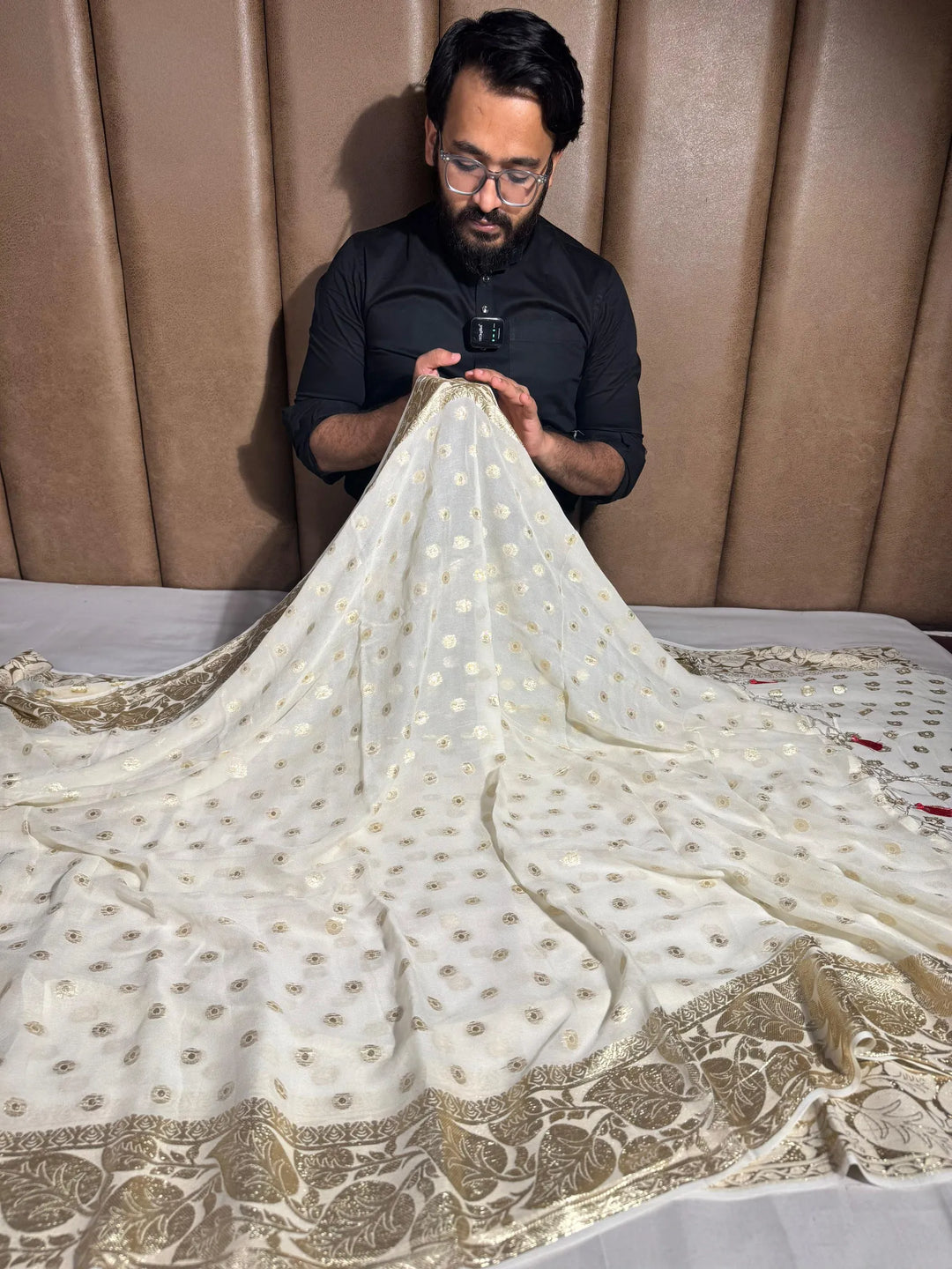 Light cream viscose Georgette traditional Banarasi saree