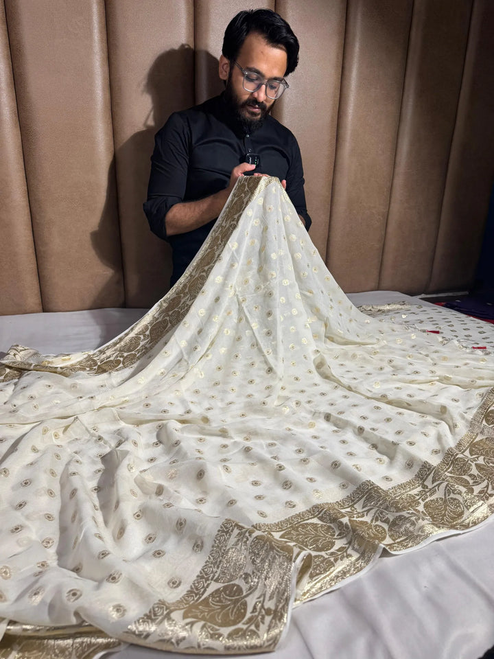 Light cream viscose Georgette traditional Banarasi saree