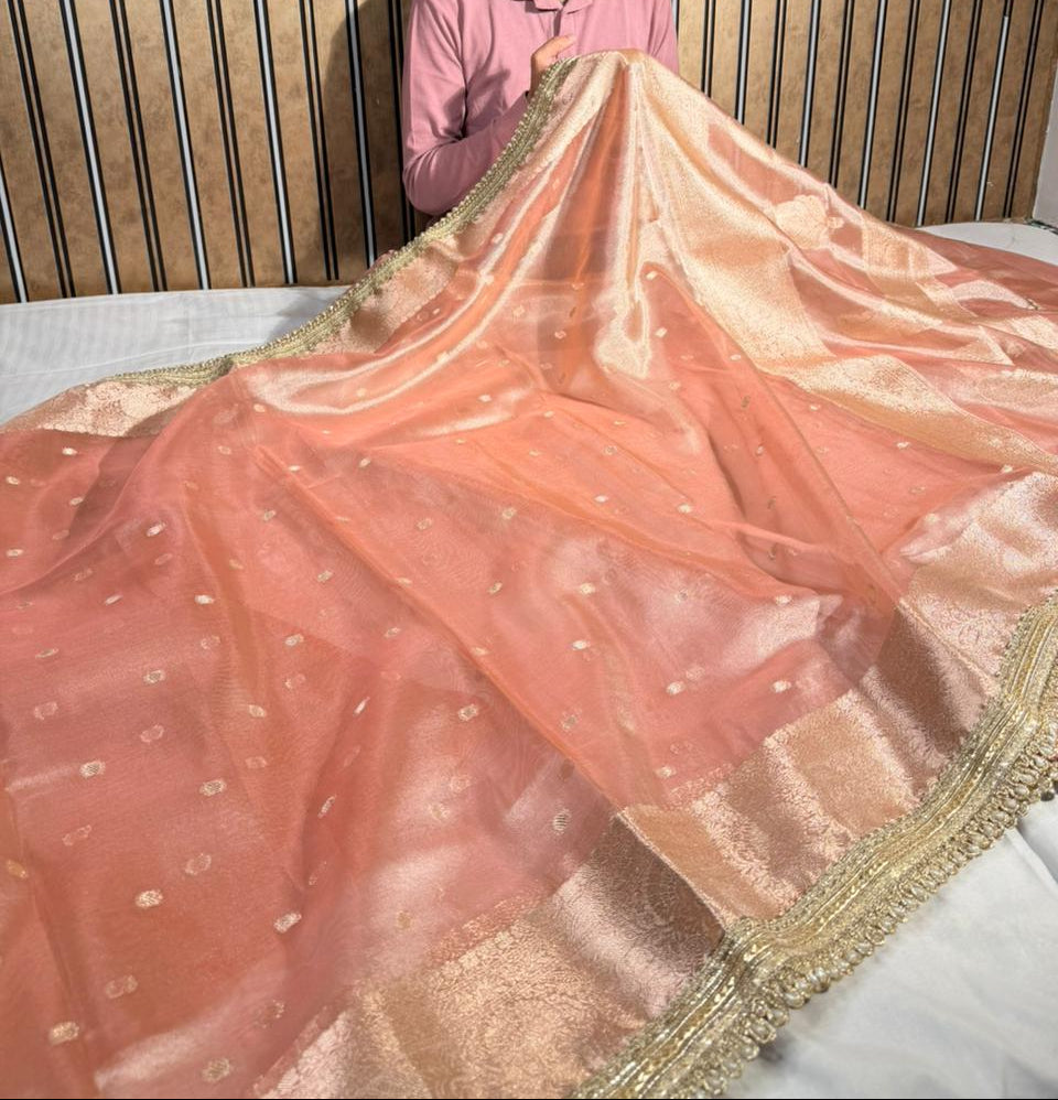 Light peach Eccentric Tissue silk Banarasi saree with Designer lace Work
