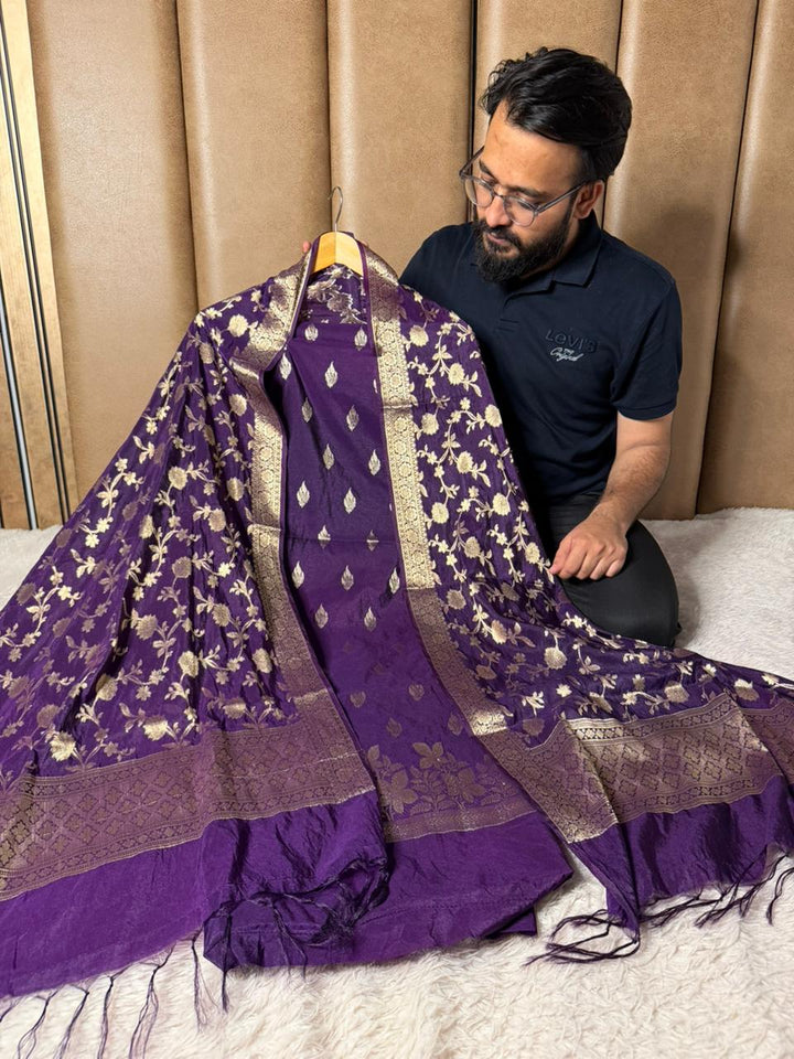 Light purple chinia silk 3 pcs banarasi suit  2499
