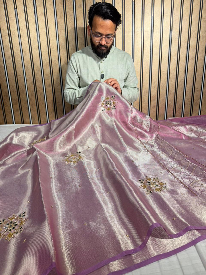 Lilac Kanjivaram Brocade Tissue Silk Handwork Banarasi saree