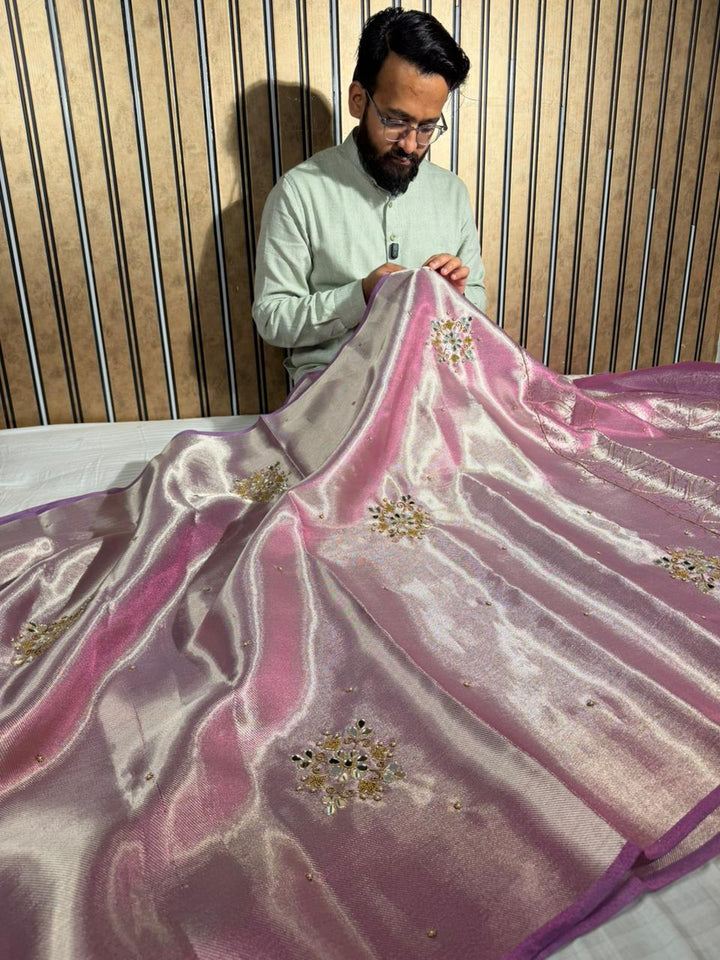 Lilac Kanjivaram Brocade Tissue Silk Handwork Banarasi saree