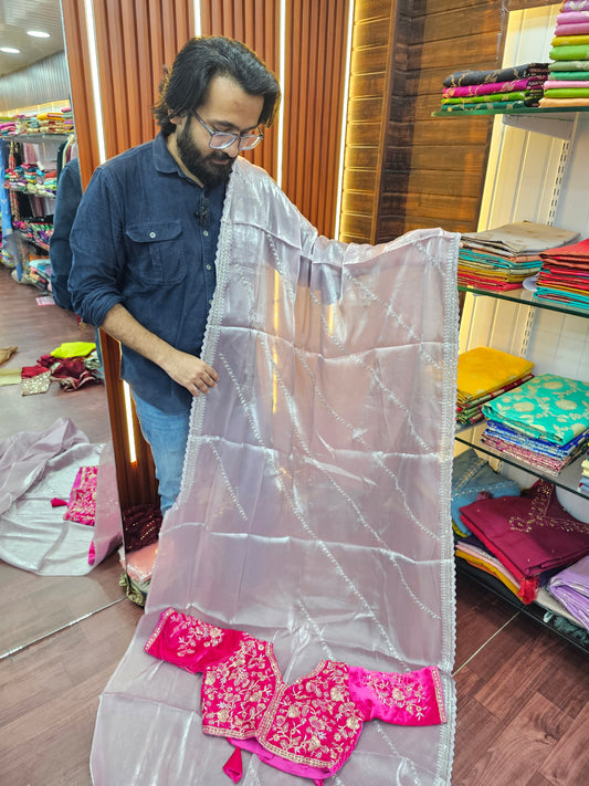 Lilac Pink Color Shimmery Tissue Saree with velvet blouse