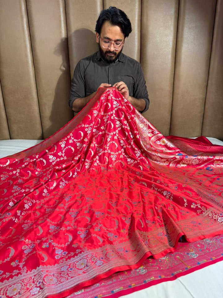 Luxurious mashru katan silk with delicate meenakari work and premium meenakari pallu