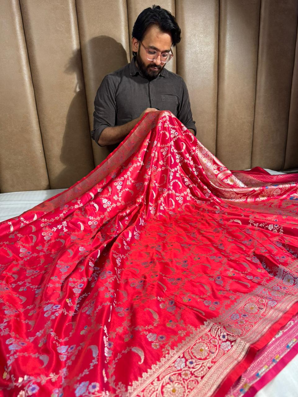 Luxurious mashru katan silk with delicate meenakari work and premium meenakari pallu